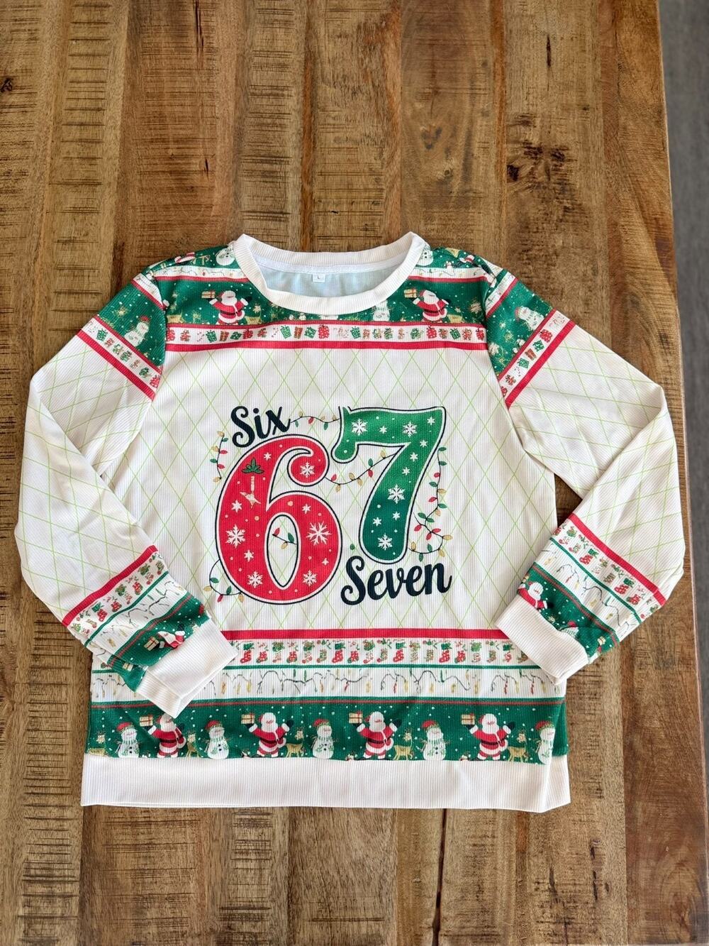 6 7 Six Seven Ugly Christmas Sweater L White Long Sleeve Santa Snowman Top